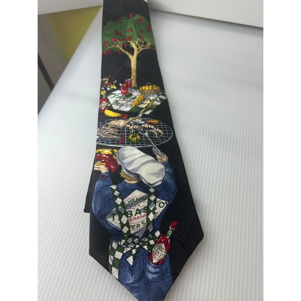 Tabasco Mens Silk Necktie‎ Black Novelty BBQ Grilling Hot Sauce Logo Print Tie